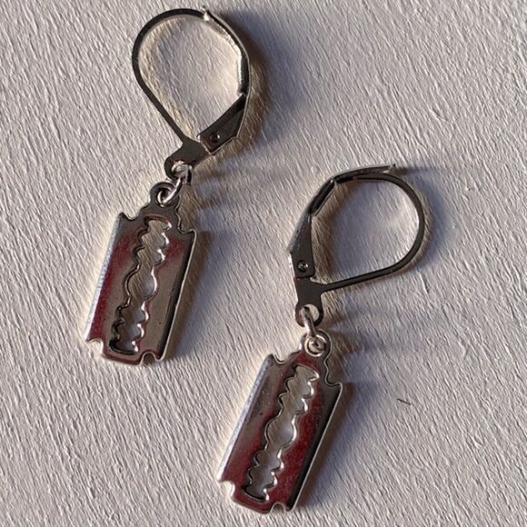 Dainty, Faux Razor Blade, Nickel Free Small Hoop Earrings - Picture 3 of 5